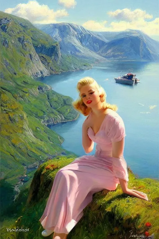 Image similar to 1950s beautiful!!! blonde looking over a Norwegian fjord, aesthetic!!! painting by Vladimir Volegov