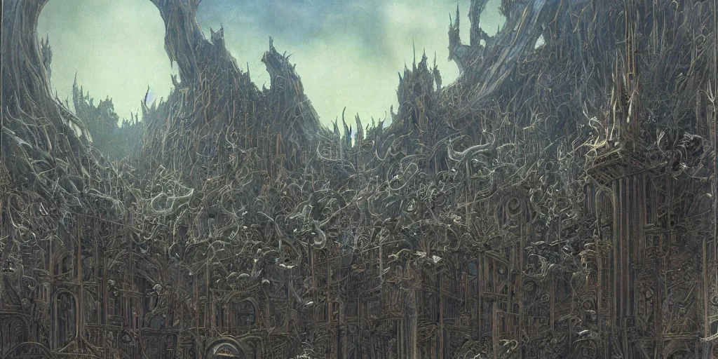 Prompt: Artwork by John Howe of the cinematic view of the Chaotic Oubliette of the Demon King.