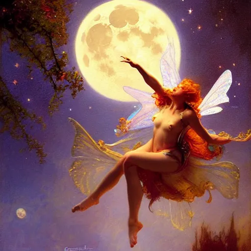 Image similar to attractive fairy magically floating high in the night, fantasy, full moon in background. highly detailed painting by gaston bussiere, craig mullins, j. c. leyendecker, mid shot, 8 k