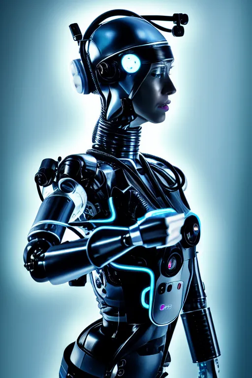 Prompt: cybernetic high tech female android with cat on her head, sci - fi, cyberpunk, futurism, exoskeleton, robotic, symmetry, cinematic, elegant, professional studio light, perfect composition, dlsr photography, sharp focus, 8 k, ultra hd, sense of awe, highly detailed, hyper realistic, intricate, science journal cover