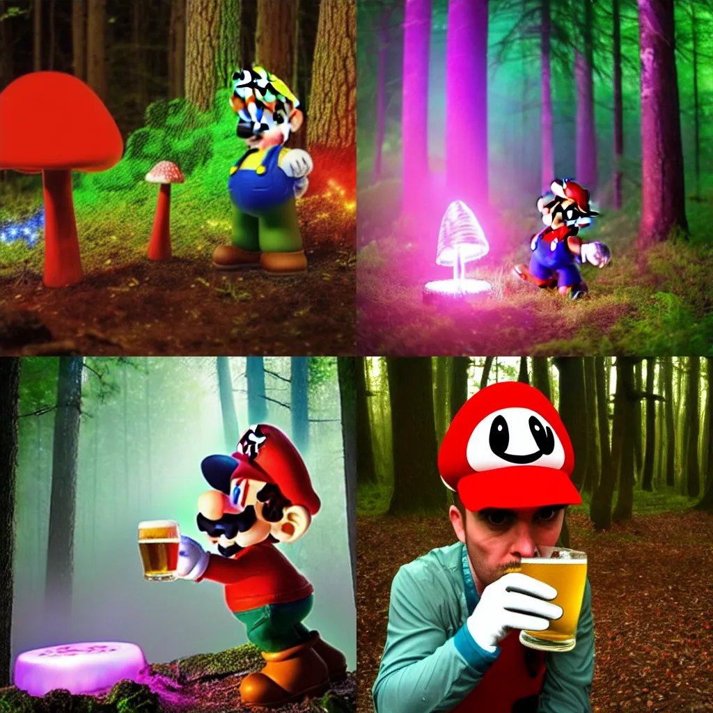 Prompt: cosplay sad drunk mario drinks beer in magic forest with fluorescent fog and with mushrooms and big fly agaric, photo