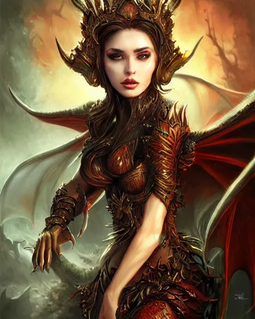 Image similar to a beautiful female dragon queen, 8 k, hyperrealistic, dark fantasy, hyperdetailed, fantasy portrait by laura sava