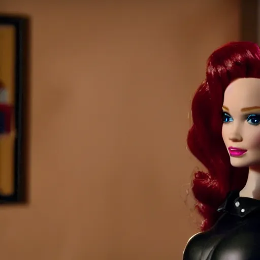 Image similar to amazing beautiful Christina Hendricks barbie doll wearing leather in the living room, film still from the movie directed by Denis Villeneuve , wide lens