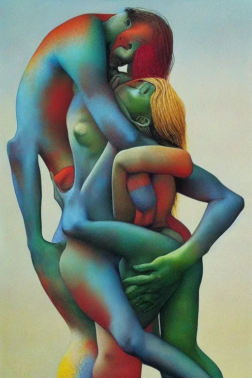 Prompt: realistic men kiss girl and hug and cuddle colourful shiny beautiful harmony painting by zdzisław beksinski