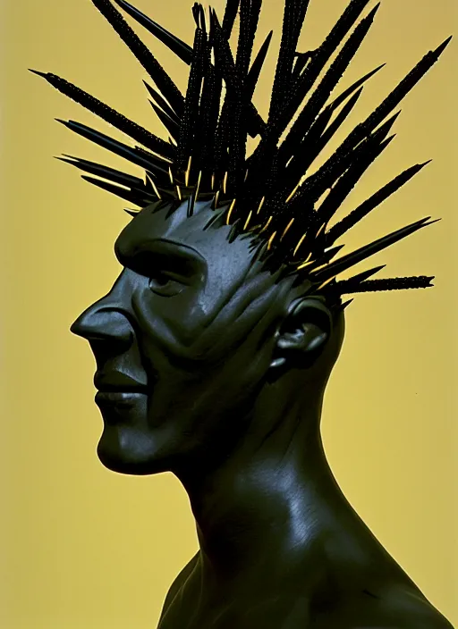 Prompt: realistic photo of a full - height head mask model made of black rubber clay realistic sculpture made of black clay, covered in very very long brass spikes needles, center straight composition, 2 0 0 0, life magazine photo, museum archival photo