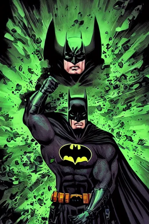 Image similar to angry batman, with dark ghost smokes around, green scary lights, illustration, jason fabok, jim lee, mark brooks, alex ross style, dark fantasy color scheme, cinematic, mysterious, artgem