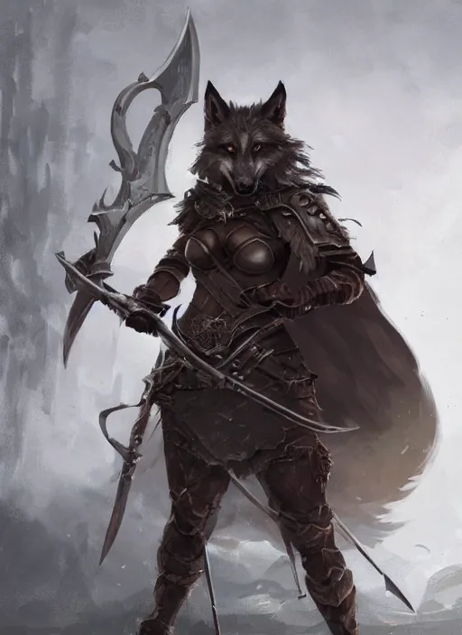 Image similar to portait commission furry high fantasy female anthro wolf paladin wielding a halberd polearm. renowned character design by Greg rutkowski, concept art, fantasy, 4k, CG render