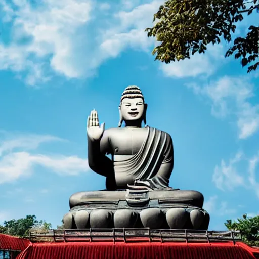 Prompt: a man doing a flip off of a giant Buddha statue, blue sky, cloudy background, photograph, realistic