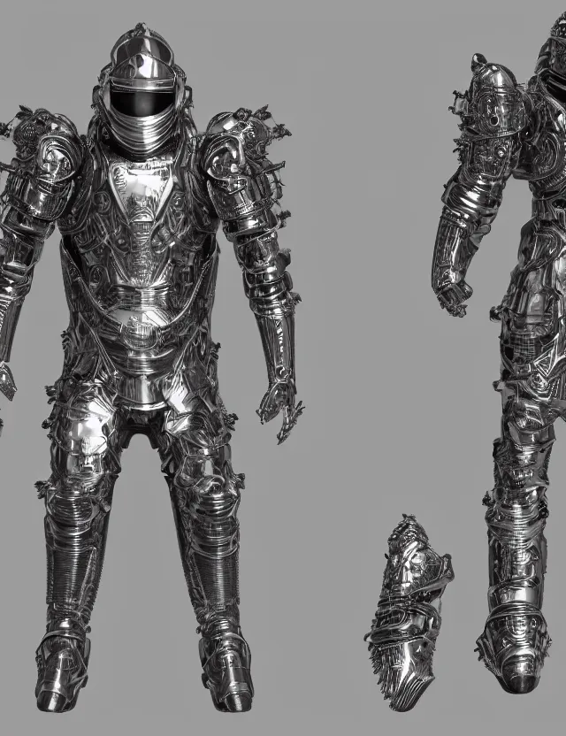 Image similar to full body shot, digital realistic 3 d rendering of a futuristic retro spacepunk intricate armor holy paladin with light powers and intricate head armor, highly detailed, 4 k, hdr, smooth, sharp focus, high resolution, award - winning photo., corona render, substance painter hyper detailed armor. trending on art statation
