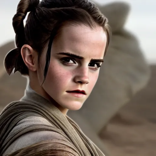 Prompt: Emma Watson modeling as Rey in Star Wars, (EOS 5DS R, ISO100, f/8, 1/125, 84mm, postprocessed, crisp face, photoshopped, facial features)