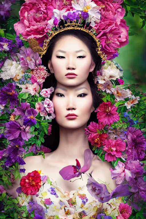 Image similar to a beautiful portrait of an empress in her garden, with a brilliant, impossible striking big flower headpiece, clothes entirely made out of flowers, symmetrical, closeup, dramatic studio lighting, rococo, baroque, jewels, asian, hyperrealism, D&D, fantasy, intricate, elegant, highly detailed, digital painting, artstation, octane render, 8k, concept art, matte, sharp focus, illustration, art by Artgerm and Greg Rutkowski and Alphonse Mucha