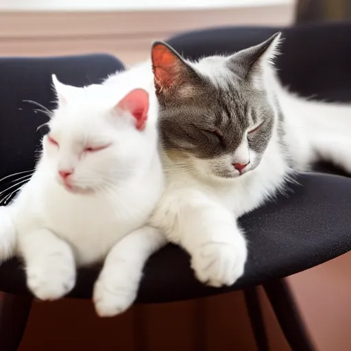 Prompt: a white cat and a black cat sleeping on an office chair. dslr photo