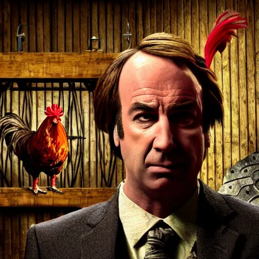 Image similar to saul goodman and a rooster in a medieval torture chamber, saw blades and knives in the background, horror movie, saul goodman, rooster, real life photo, detailed face