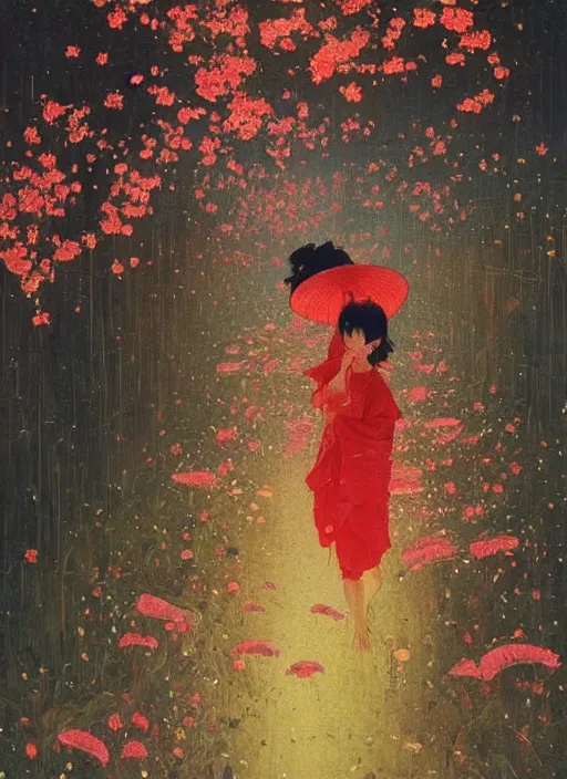 Prompt: 🇯🇵👺♀🏃♀🌸🌸🌸 fireflies. by satoshi kon, ilya repin, lena aenami, shinji kimura