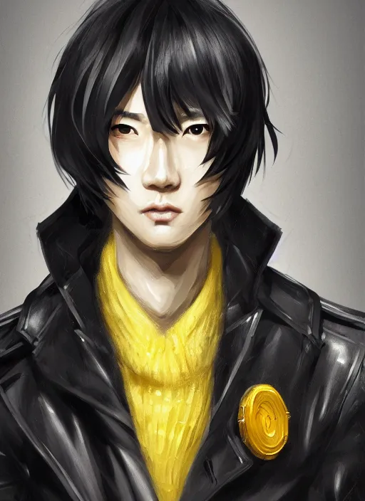 Image similar to a highly detailed illustration of young attractive japanese guy wearing black detective coat, yellow eyes, dramatic standing pose, hyperdetailed perfect face, intricate, elegant, highly detailed, centered, digital painting, artstation, concept art, smooth, sharp focus, league of legends concept art, wlop.