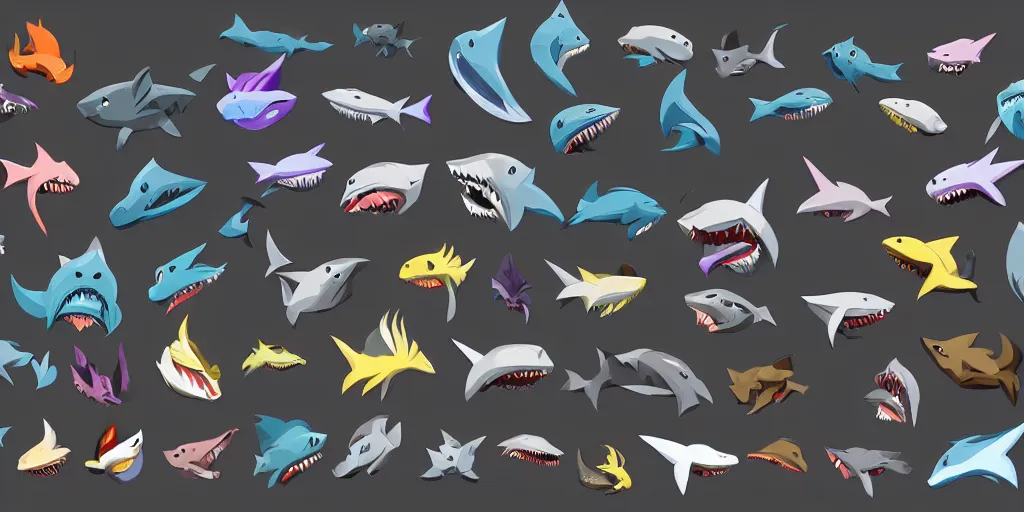 Prompt: game asset of unique shark heads on black background, organic, disney animation color palette, smooth vector lines, toon shading, 5 colors, solid colors, flat 2 d design, 2 d sprites, 8 k, close up