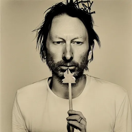 Image similar to Radiohead, Radiohead, Thom, holding the moon upon a stick, with a beard and a black jacket, a portrait by John E. Berninger, dribble, neo-expressionism, uhd image, studio portrait, 1990s