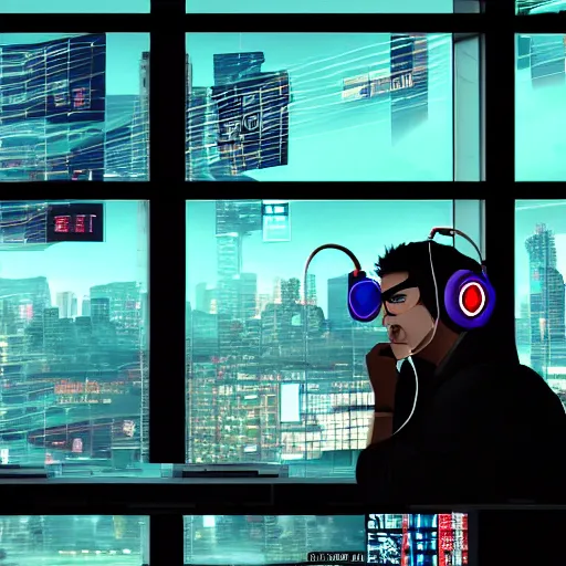 Prompt: Cyberpunk hacker wearing a headset sits at his terminal by a large window looking out at the city, Ukiyo-e, art station, cyberpunk