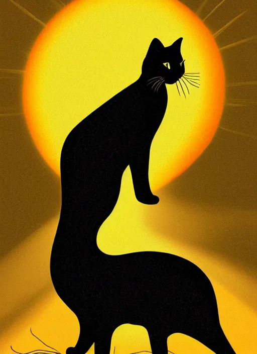 Image similar to a black cat standing on top of a yellow sun, a storybook illustration by sara saftleven, behance contest winner, nuclear art, sunrays shine upon it, god rays, digital illustration