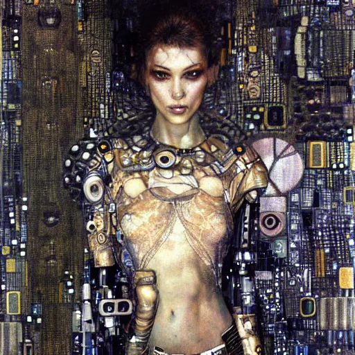 Image similar to cybernetic female supersoldier, intricate detail, klimt, royo, whealan,