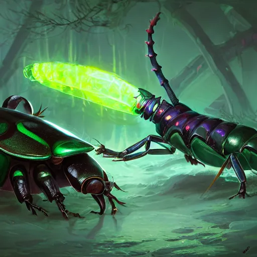 Image similar to a giant glowing worm beetle, worm monster, worm beetle, horned beetle, horned beetle, green theme, bright art masterpiece artstation. 8 k, sharp high quality artwork in style of jose daniel cabrera pena and greg rutkowski, concept art by tooth wu, blizzard warcraft artwork, hearthstone card game artwork, horned worm