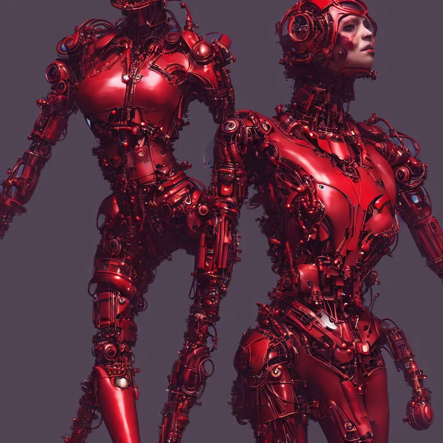 Prompt: portrait, super hero pose, red biomechanical dress, inflateble shapes, wearing epic bionic cyborg implants, masterpiece, intricate, biopunk futuristic wardrobe, highly detailed, art by akira, mike mignola, artstation, concept art, background galaxy, cyberpunk, octane render