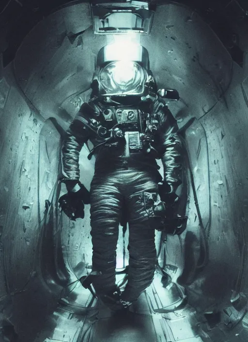 Image similar to astronauts in dark and empty void underwater - complex composition and hyperdetailed technical suit. reflection and dispersion materials. rays and dispersion of light. volumetric light. 5 0 mm, f / 3 2. noise film photo. flash photography. ultra realistic, wide angle. poster by wayne barlowe, hajime sorayama aaron horkey, craig mullins. polaroid.