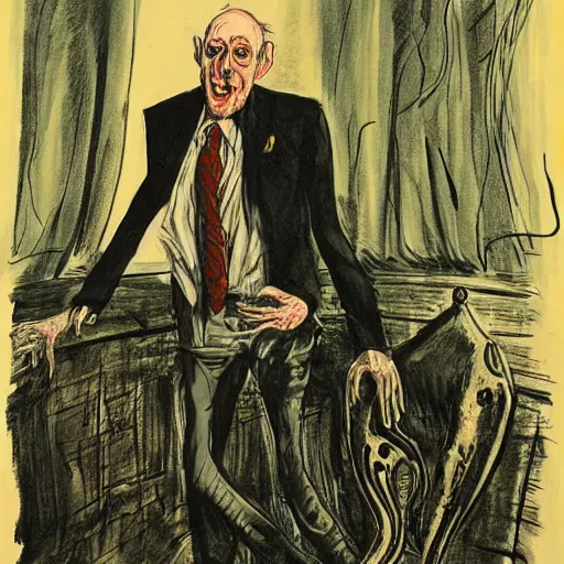 Image similar to Jacob Rothschild full body shot, dollar bills Body horror, biopunk, by Ralph Steadman, Francis Bacon, Hunter S Thompson