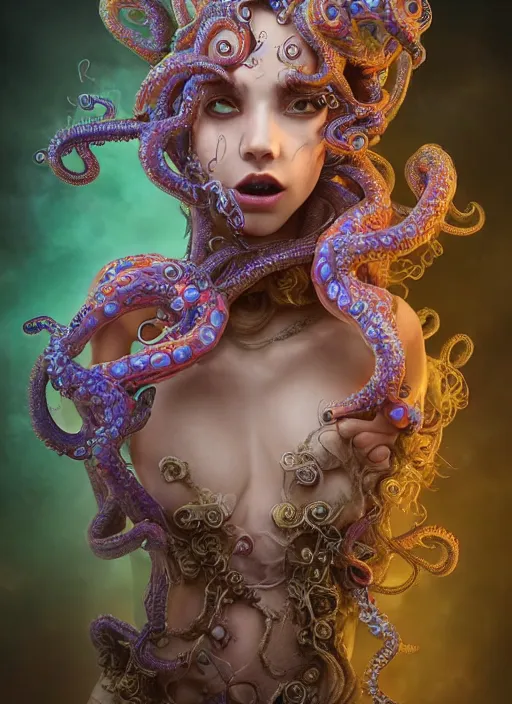 Image similar to A full body shot of a cute and mischievous monster girl made of tentacles wearing an ornate ball gown covered in opals. Fancy Dress. Subsurface Scattering. Translucent Skin. Rainbow palette. defined facial features, symmetrical facial features. Opalescent surface. beautiful lighting. By Giger and Ruan Jia and Artgerm and WLOP and William-Adolphe Bouguereau. Photo real. Hyper-real. Photorealism. Fantasy Illustration. Sailor Moon hair. Masterpiece. trending on artstation, featured on pixiv, award winning, cinematic composition, dramatic pose, sharp, details, Hyper-detailed, HD, HDR, 4K, 8K.