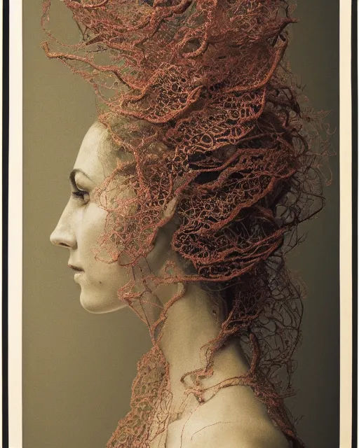 Image similar to a woman's face in profile, long flowing hair entwined in a coral reef, made of intricate decorative lace leaf, in the style of the dutch masters and gregory crewdson, dark and moody