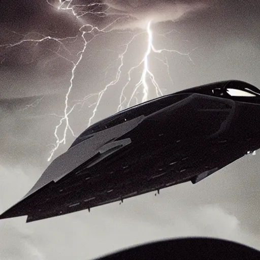 Image similar to a detailed intricate spaceship flying through a lightning storm, moody, cinematic, atmospheric