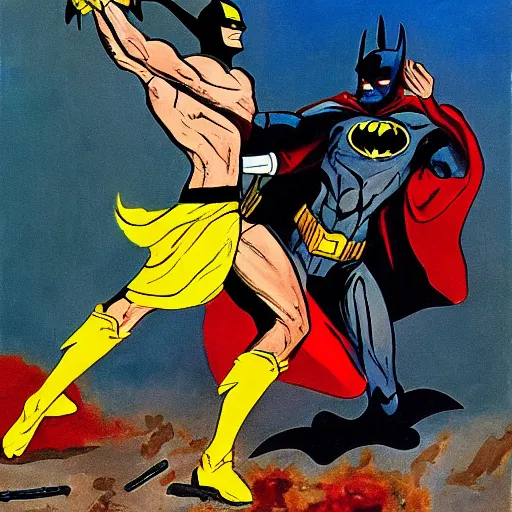 Prompt: a biblical duel between Batman and Satan, oil painting, 8k, Frank Miller