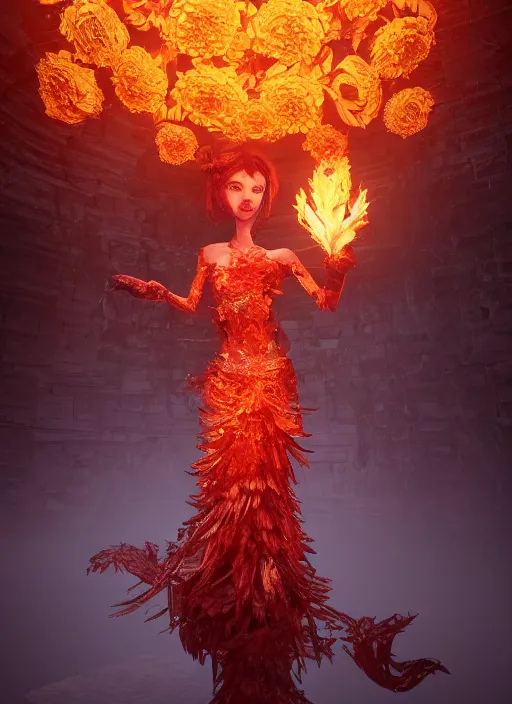 Image similar to underworld dungeon, closeup of an anthropomorphic fire goddess wrapped in a flowing couture flaming tissue paper, holographic chrysanthemums, fire origami flowers, heavenly light, 3 d, very detailed, octane render, trending artstation, artgem