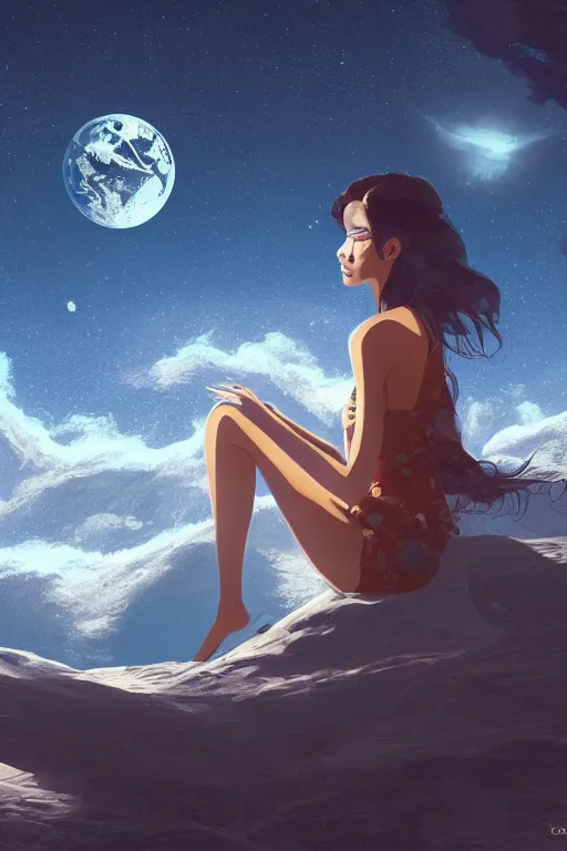 Image similar to Beautiful Woman sitting on the moon with a view of the earth in the background, digital painting, highly detailed, artstation, concept art, smooth, sharp focus, illustration.