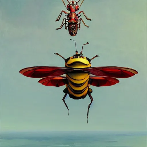 Image similar to Giant insects fly through the air, as a tornado approaches, by Takashi Murakami, Edward Hopper, Bo Bartlett, and Cynthia Sheppard, Artstation