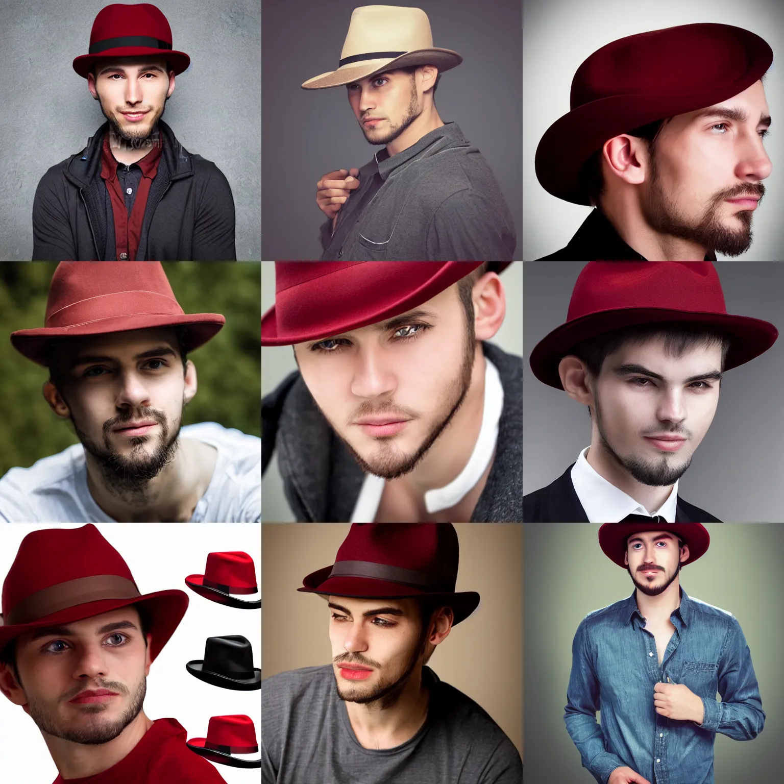 Prompt: young man slanted eyes dark red fedora hat smirk faint goatee rectangle jaw