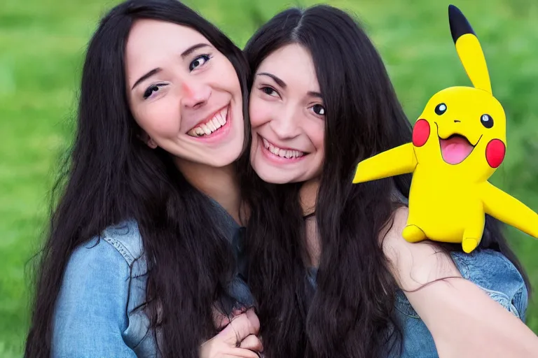 Image similar to a young skinny woman with long dark hair hugging a pikachu