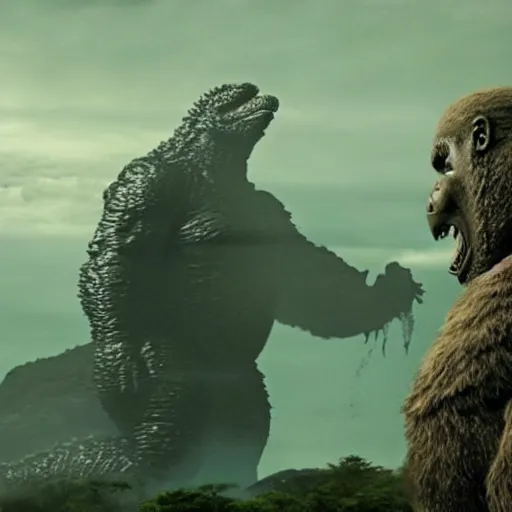 Image similar to godzilla versus kong, still from a movie by wes anderson, cinematic!, hyperreal, eerie, wide angle, insanely detailed, god rays, 3 5 mm