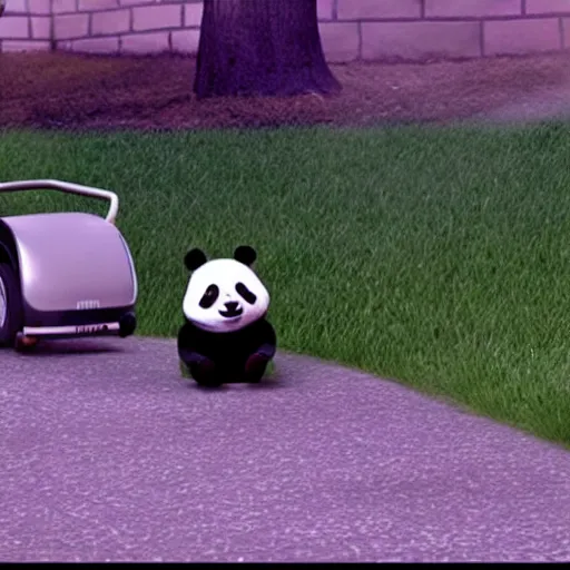 Image similar to a panda is mowing the lawn with a mowing machine, pixar