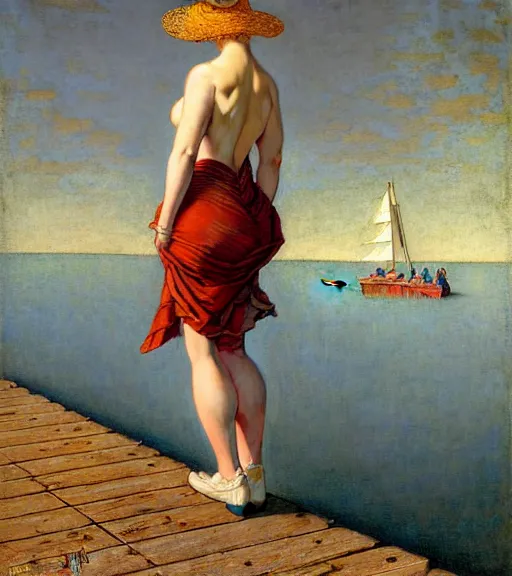 Image similar to a fancy beautiful young lady standing on a wharf at the edge of the sea by brom and gil elvgren and jean delville and william blake and norman rockwell and dan mumford, crisp details, hyperrealism, high detail, high contrast, low light, grey mist, cobblestones, dim lantern