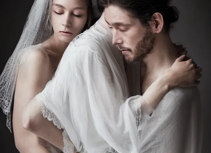 Image similar to couple, jesus hugging a woman, spirit hugs, in style of paolo roversi, britt marling style 3 / 4, a beautiful ethereal lace white robe, 8 k, soft focus, soft light, volumetric lighting, highly detailed realistic, refined, highly detailed, natural outdoor soft pastel lighting colors scheme