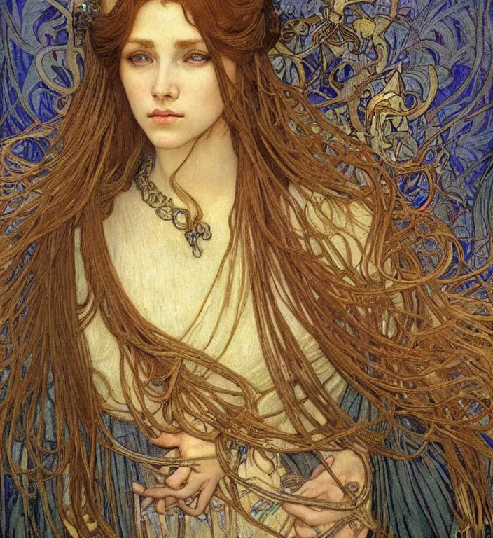 Image similar to detailed realistic beautiful young medieval queen face portrait by jean delville, alphonse mucha, vincent van gogh, and marco mazzoni, art nouveau, symbolist, visionary, gothic, pre - raphaelite