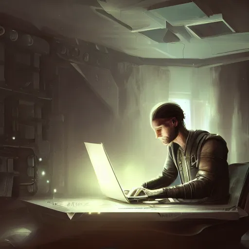 Image similar to realistic man using laptop in gaming room, artstation trends, sci fi concept art, highly detailed, intricate, sharp focus, digital art, 8 k