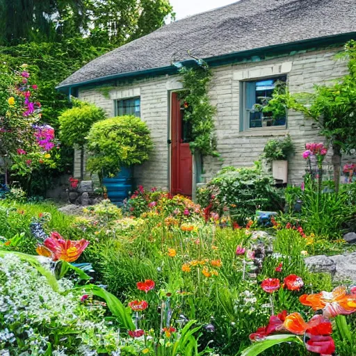 Image similar to A beautiful cottage with a lush front yard, with a flower patch and a flowing river