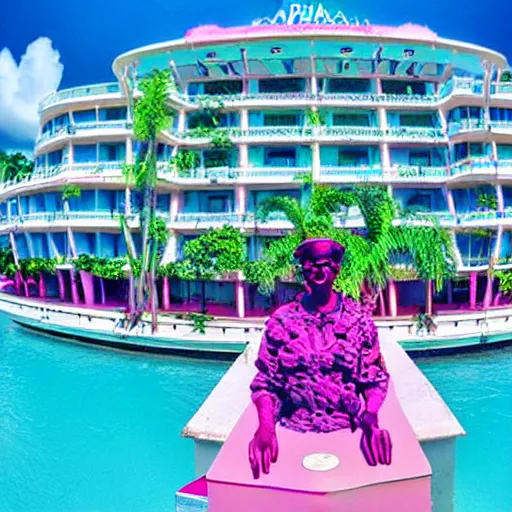 Prompt: Vaporwave cruise ship docking at Caribbean resort