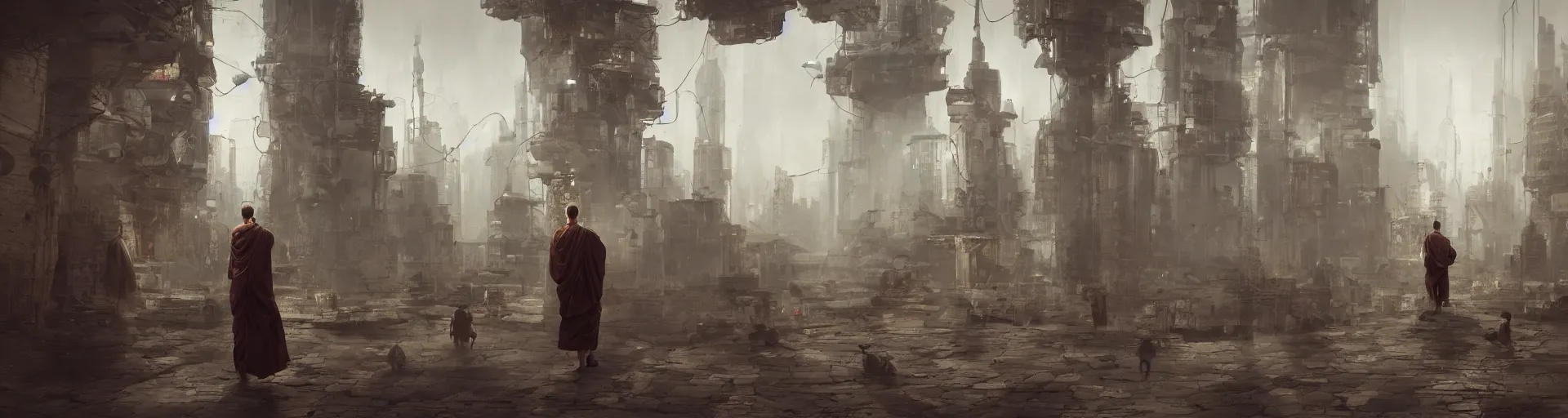 Image similar to monk meditation in a cyberpunk world with people walking around wearing vr headset by eugene von guerard, ivan shishkin, concept art, trending on artstation