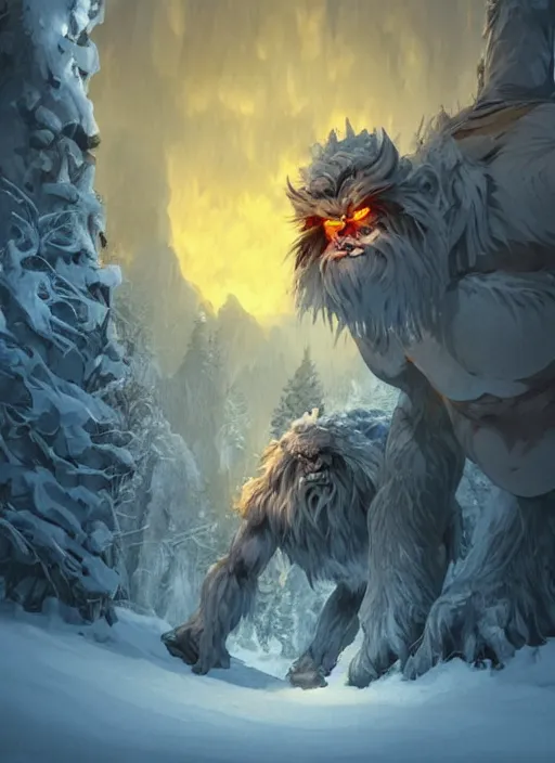 Image similar to giant muscular yeti monster with glowing yellow eyes and twisted horns towering over snow covered trees, highly detailed, digital painting, artstation, concept art, matte, sharp focus, illustration, dramatic, cinematic sunset, hearthstone, art by artgerm and greg rutkowski and alphonse mucha