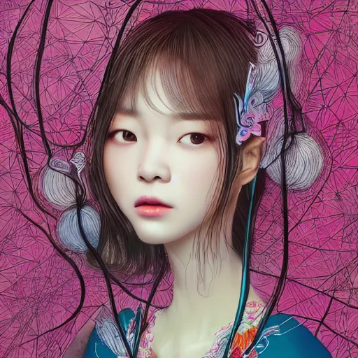 Image similar to the portrait of an incredibly cute and sophisticated koreanwoman partially made of onions of all colors, an ultrafine detailed illustration by james jean, final fantasy, intricate linework, bright colors, behance contest winner, vanitas, angular, altermodern, unreal engine 5 highly rendered, global illumination, radiant light, detailed and intricate environment