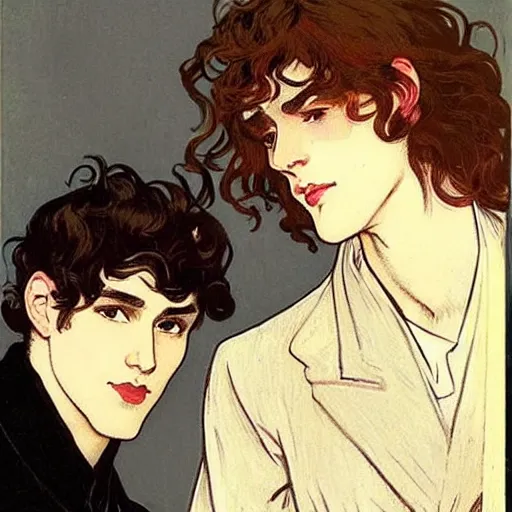 Prompt: two young men with pretty faces, cute handsome beautiful dark medium wavy hair man in his 2 0 s named shadow taehyung and young cute handsome dark red medium length curly hair man named maximo together at the halloween party, elegant, wearing suits!, modest!!, delicate facial features, art by alphonse mucha, vincent van gogh, egon schiele