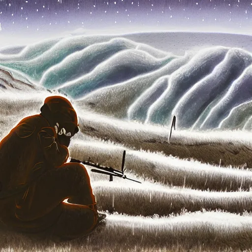 Image similar to a wide shot of a sad sniper laying on a mountain, digital art, acrylic, frost, cold, ice, scared, wind, storm, hiding, gloomy, tired,